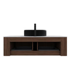 48" Brown Wood Floating Bathroom Vanity With Black Sink And Two Drawers