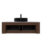 48" Brown Wood Floating Bathroom Vanity With Black Sink And Two Drawers