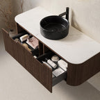 48" Brown Wood Floating Bathroom Vanity With Black Sink And Two Drawers