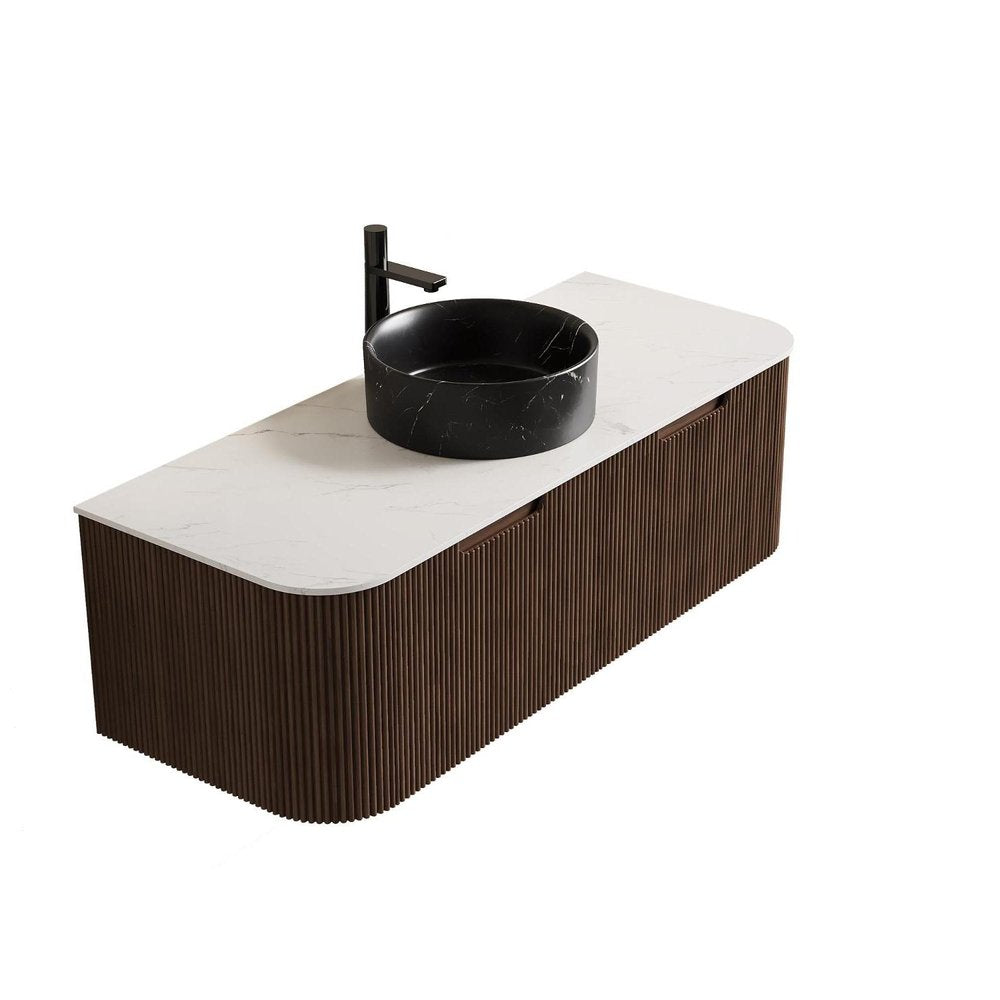 48" Brown Wood Floating Bathroom Vanity With Black Sink And Two Drawers