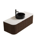 48" Brown Wood Floating Bathroom Vanity With Black Sink And Two Drawers