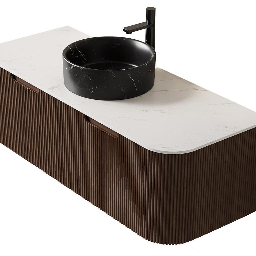 48" Brown Wood Floating Bathroom Vanity With Black Sink And Two Drawers