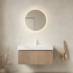 36" Brown Wood Floating Single Door Bathroom Vanity With White Sink