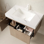 36" Brown Wood Floating Single Door Bathroom Vanity With White Sink