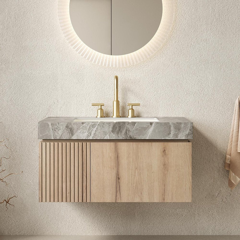 36" Brown Wood Floating Single Door Bathroom Vanity With White Sink