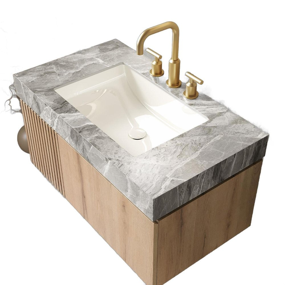 36" Brown Wood Floating Single Door Bathroom Vanity With White Sink
