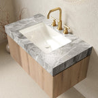 36" Brown Wood Floating Single Door Bathroom Vanity With White Sink