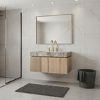 36" Brown Wood Floating Single Door Bathroom Vanity With White Sink