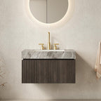 30" Black Wood Floating Single Door Bathroom Vanity With White Sink