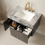 30" Black Wood Floating Single Door Bathroom Vanity With White Sink