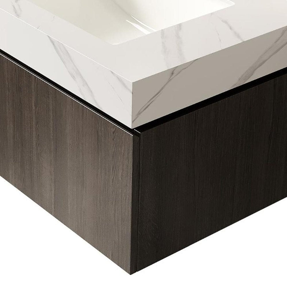 30" Black Wood Floating Single Door Bathroom Vanity With White Sink