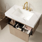 36" Brown Wood Floating Single Door Bathroom Vanity With White Sink