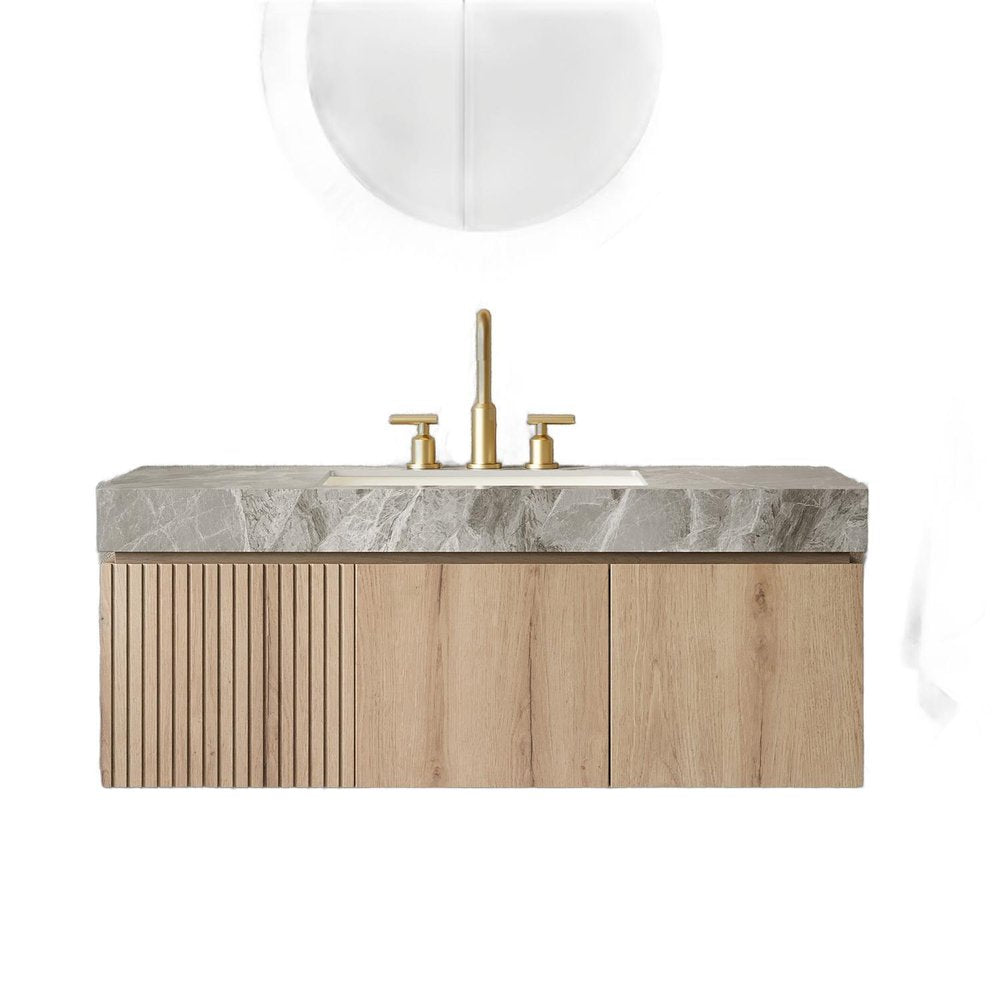 48" Brown Wood Floating Double Door Bathroom Vanity With White Sink