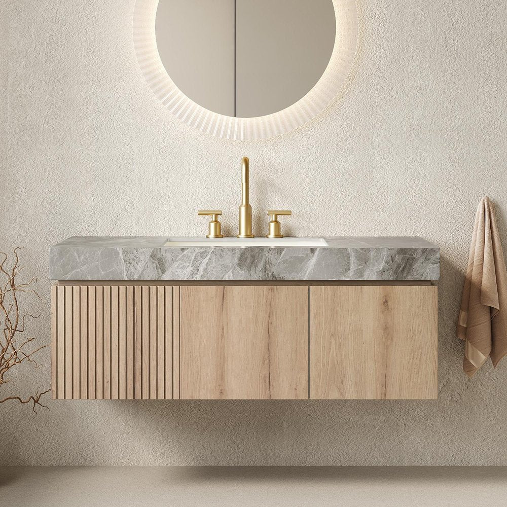 48" Brown Wood Floating Double Door Bathroom Vanity With White Sink
