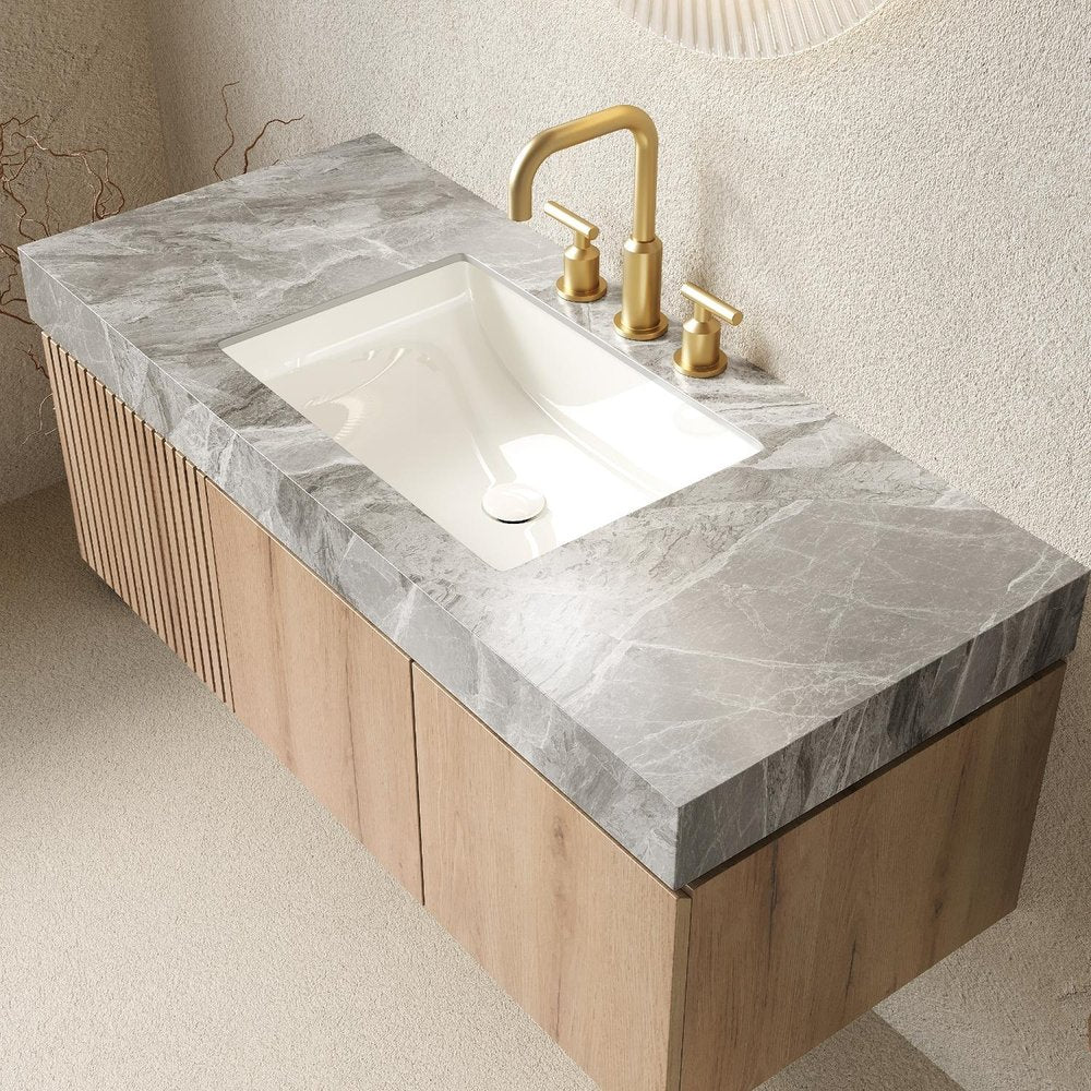 48" Brown Wood Floating Double Door Bathroom Vanity With White Sink