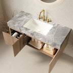 48" Brown Wood Floating Double Door Bathroom Vanity With White Sink