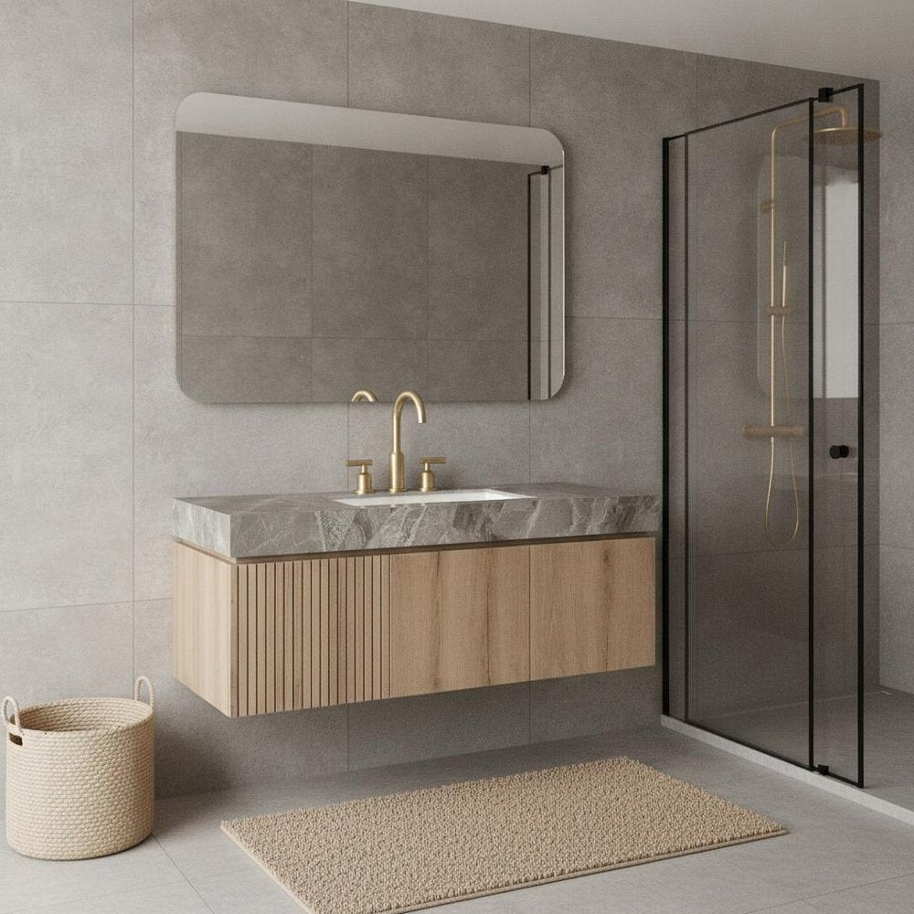 48" Brown Wood Floating Double Door Bathroom Vanity With White Sink