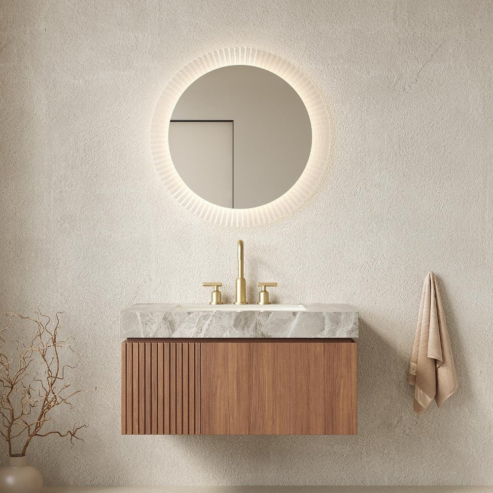 36" Brown Wood Floating Single Door Bathroom Vanity With White Sink