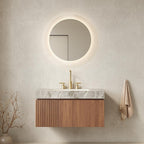 36" Brown Wood Floating Single Door Bathroom Vanity With White Sink