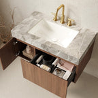36" Brown Wood Floating Single Door Bathroom Vanity With White Sink