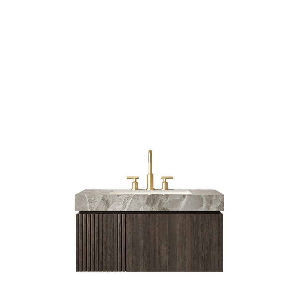 36" Black Wood Floating Single Door Bathroom Vanity With White Sink