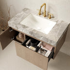 36" Brown Wood Floating Single Door Bathroom Vanity With White Sink