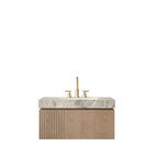 36" Brown Wood Floating Single Door Bathroom Vanity With White Sink