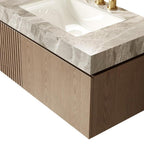 36" Brown Wood Floating Single Door Bathroom Vanity With White Sink