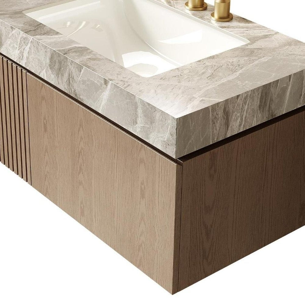 36" Brown Wood Floating Single Door Bathroom Vanity With White Sink