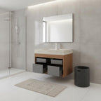 30" Brown Wood Floating Bathroom Vanity With White Sink And Two Drawers