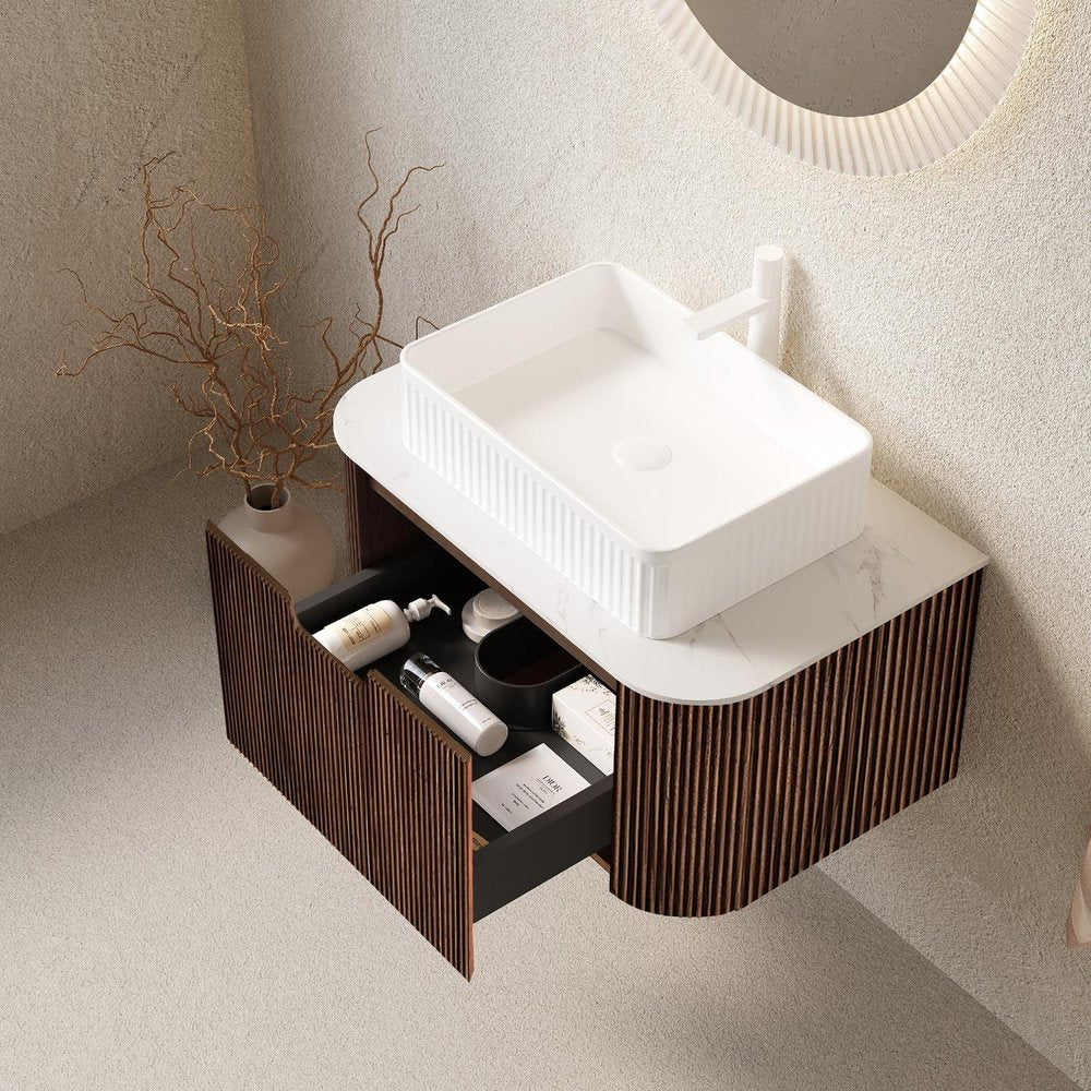 30" Brown Wood Floating Bathroom Vanity With White Sink