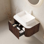 30" Brown Wood Floating Bathroom Vanity With White Sink