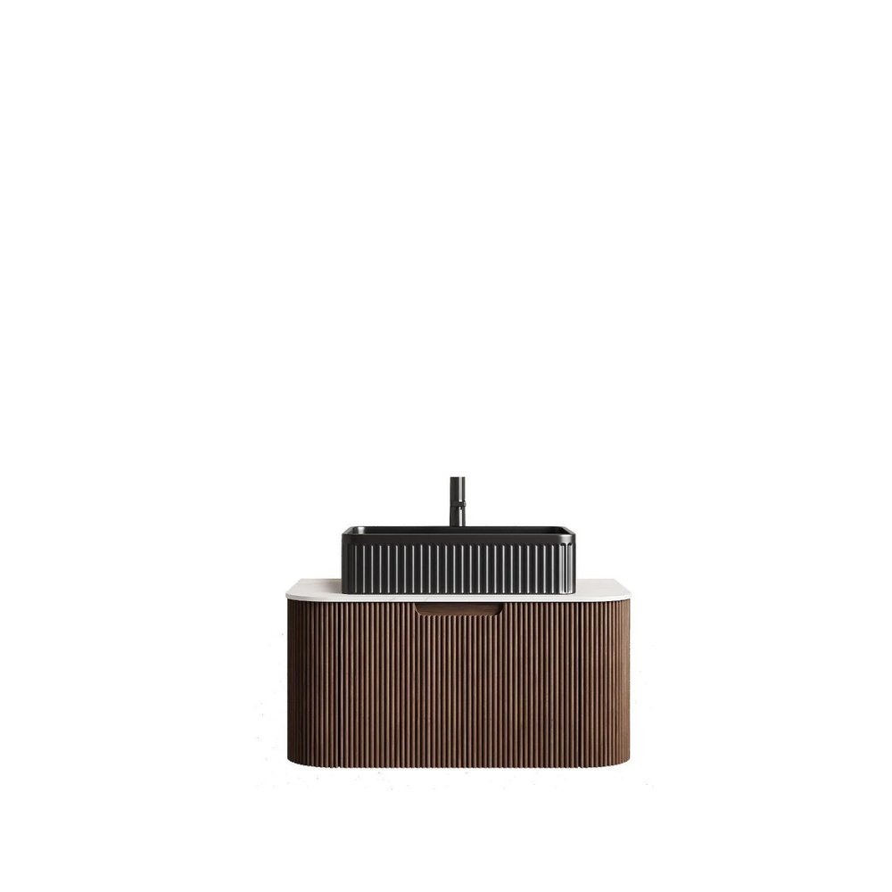 30" Brown Wood Floating Bathroom Vanity With Black Sink