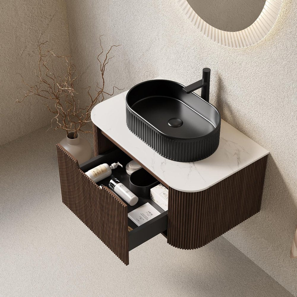 30" Brown Wood Floating Bathroom Vanity With Black Sink