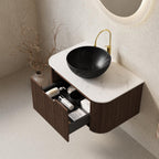 30" Brown Wood Floating Bathroom Vanity With Black Sink