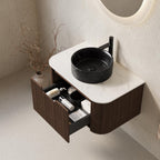 30" Brown Wood Floating Bathroom Vanity With Black Sink