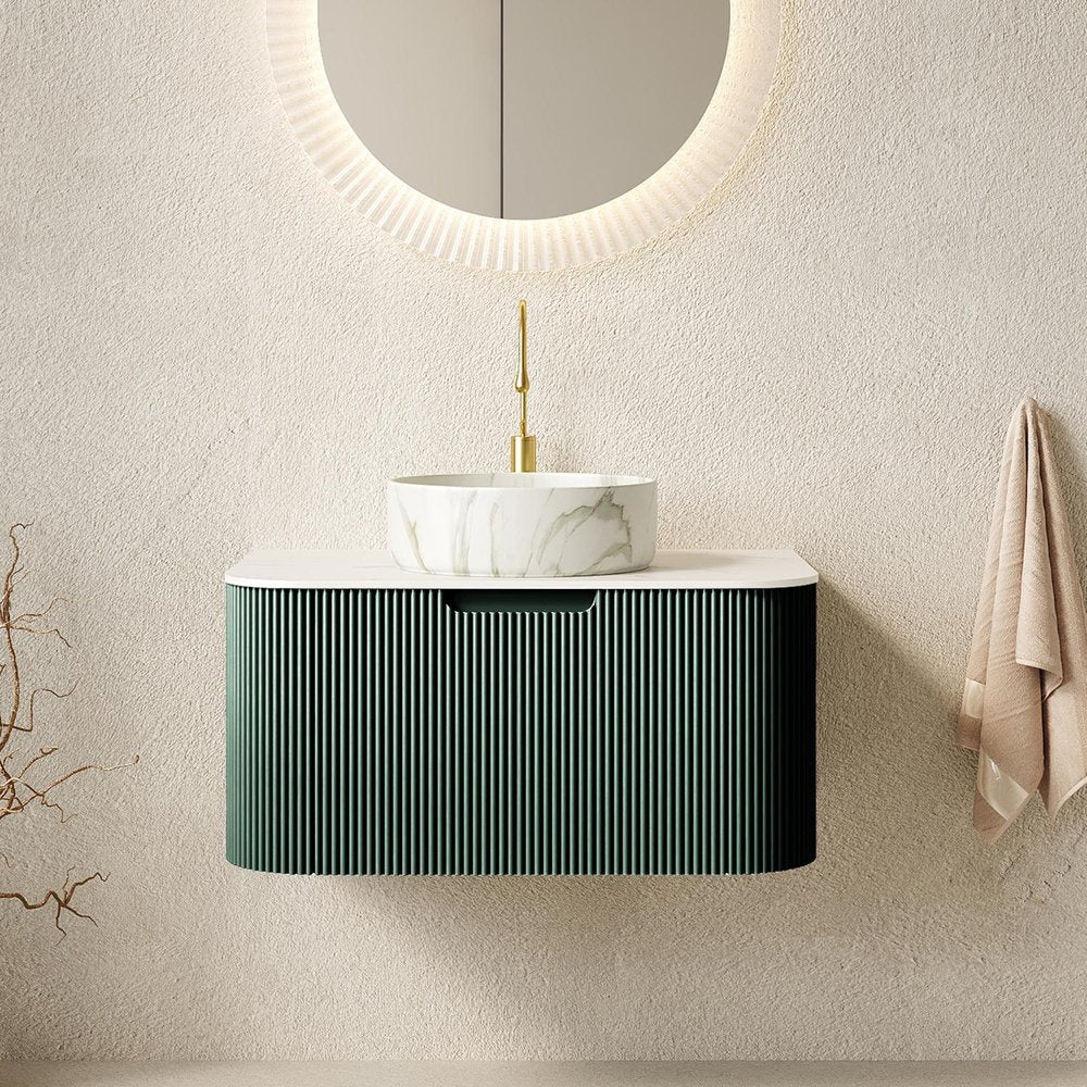 30" Green Wood Floating Bathroom Vanity With White Sink