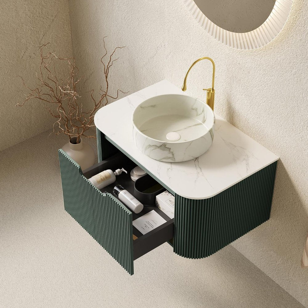 30" Green Wood Floating Bathroom Vanity With White Sink