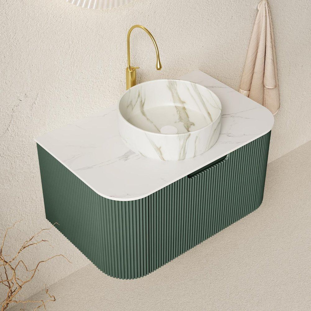 30" Green Wood Floating Bathroom Vanity With White Sink