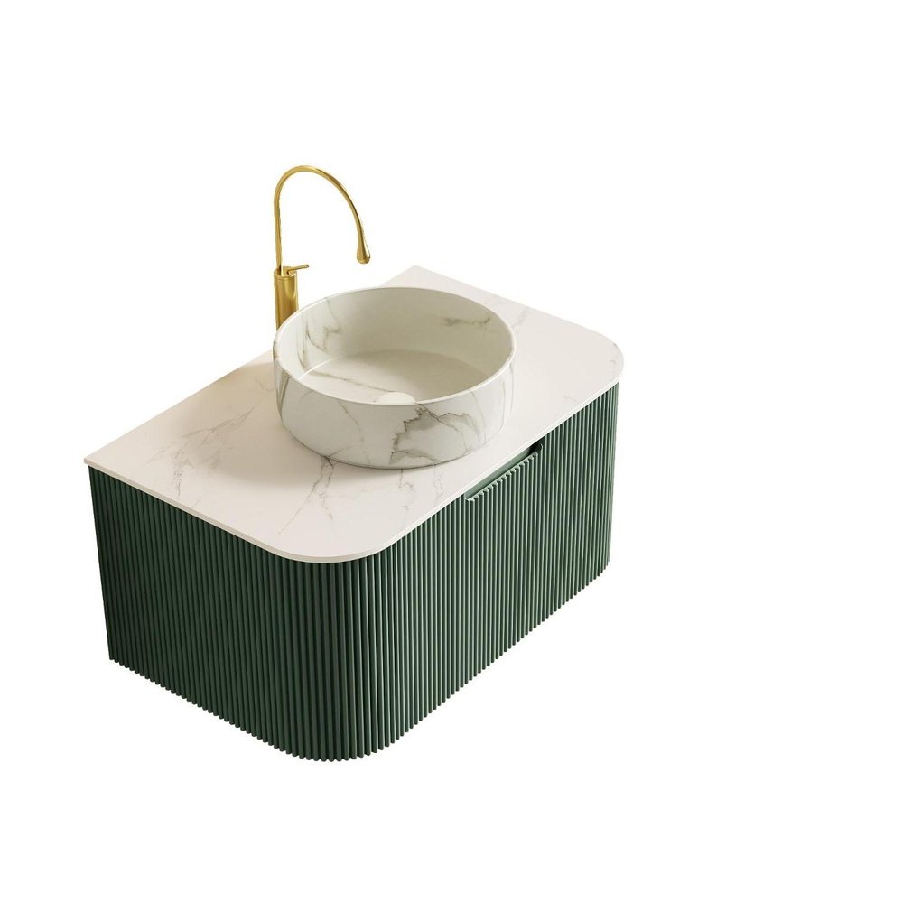 30" Green Wood Floating Bathroom Vanity With White Sink