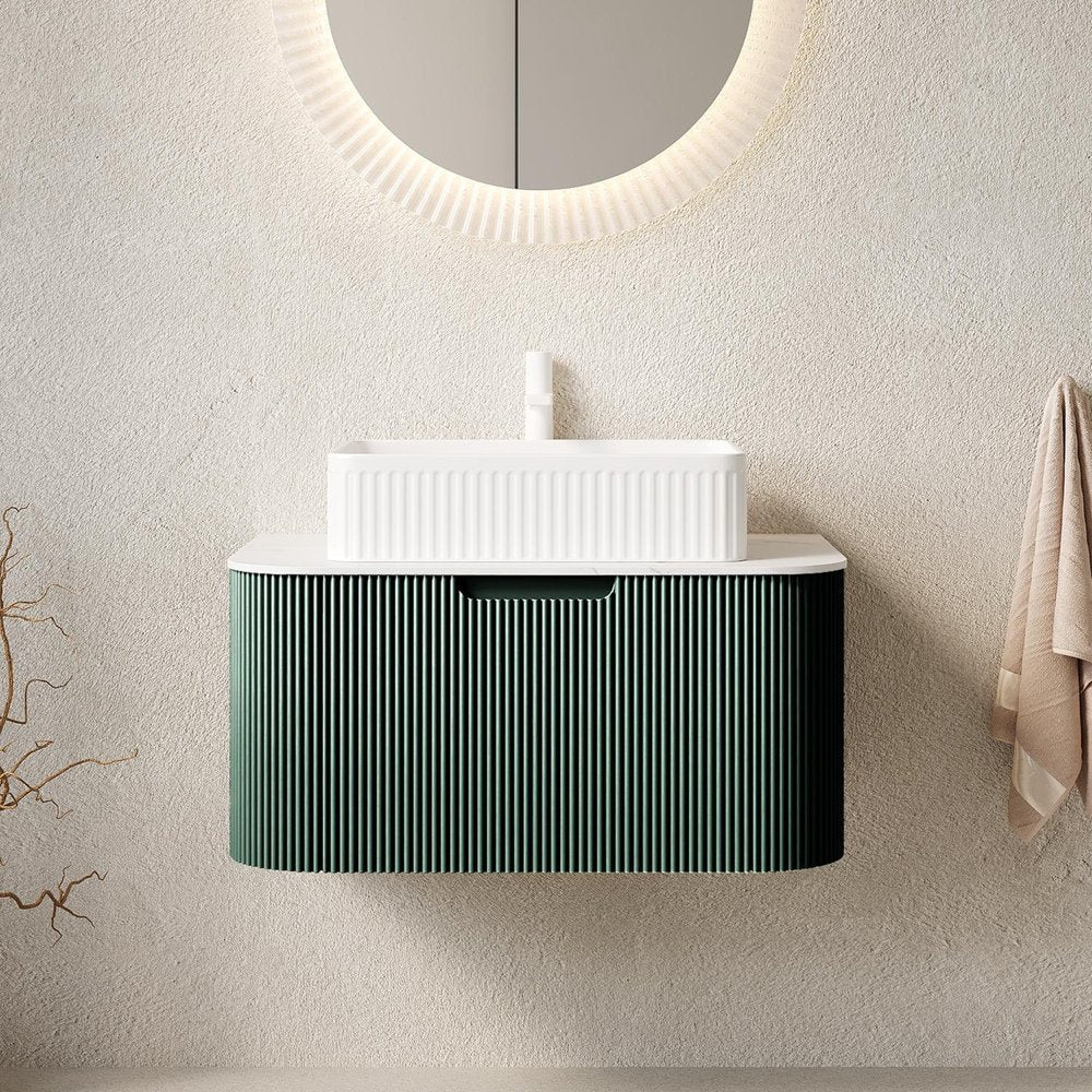 30" Green Wood Floating Bathroom Vanity With White Sink