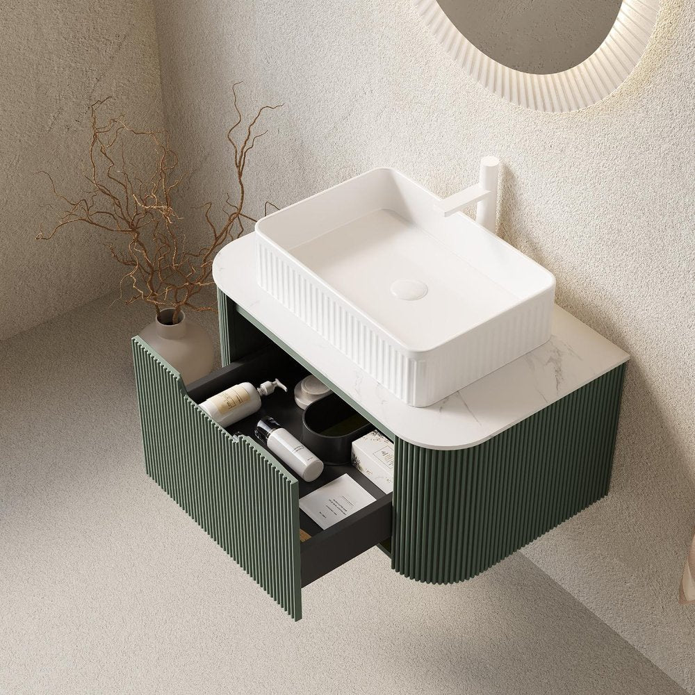 30" Green Wood Floating Bathroom Vanity With White Sink