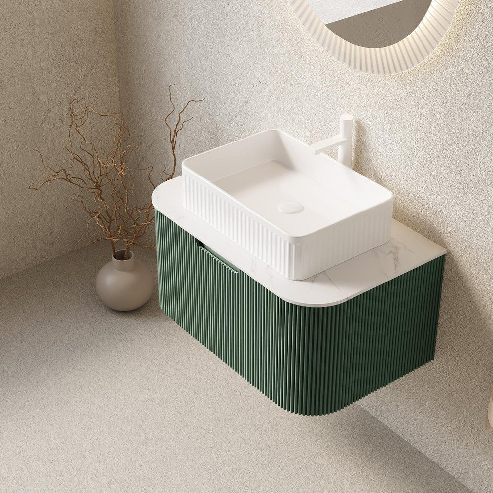 30" Green Wood Floating Bathroom Vanity With White Sink