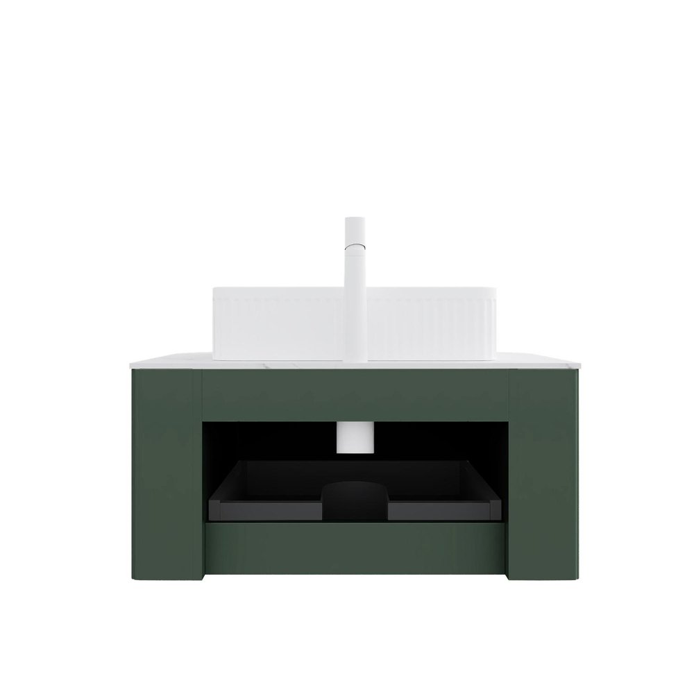 30" Green Wood Floating Bathroom Vanity With White Sink