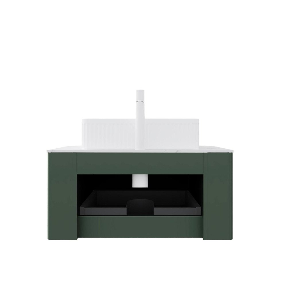 30" Green Wood Floating Bathroom Vanity With White Sink