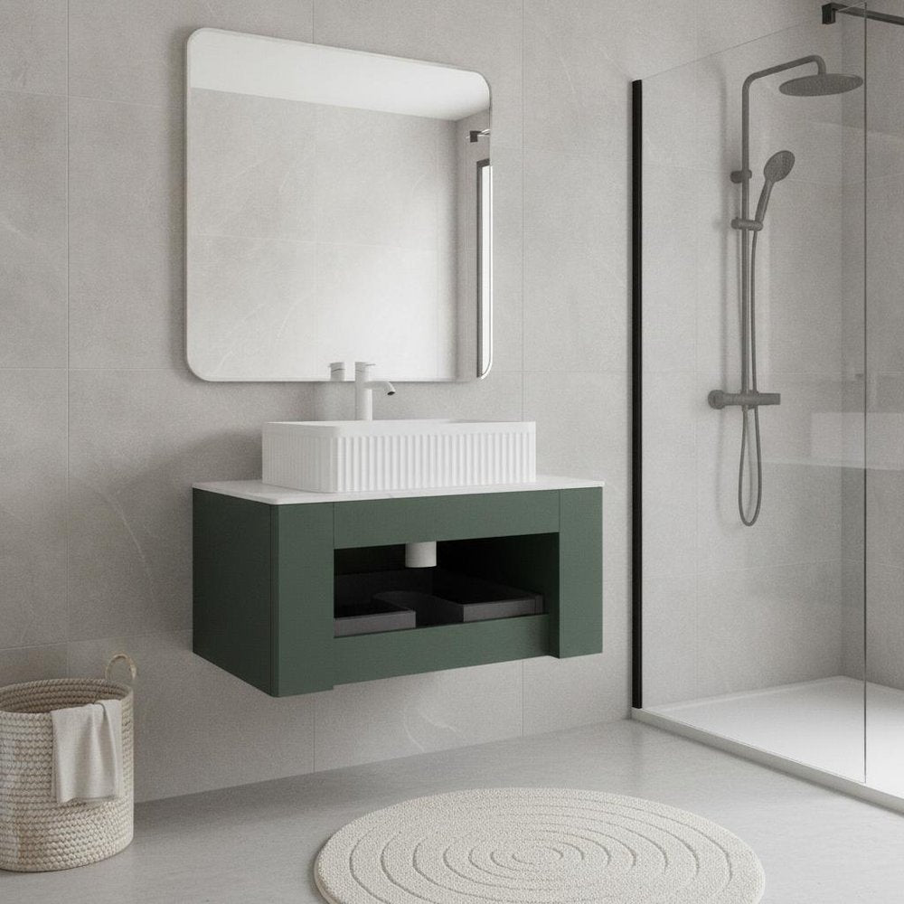 30" Green Wood Floating Bathroom Vanity With White Sink