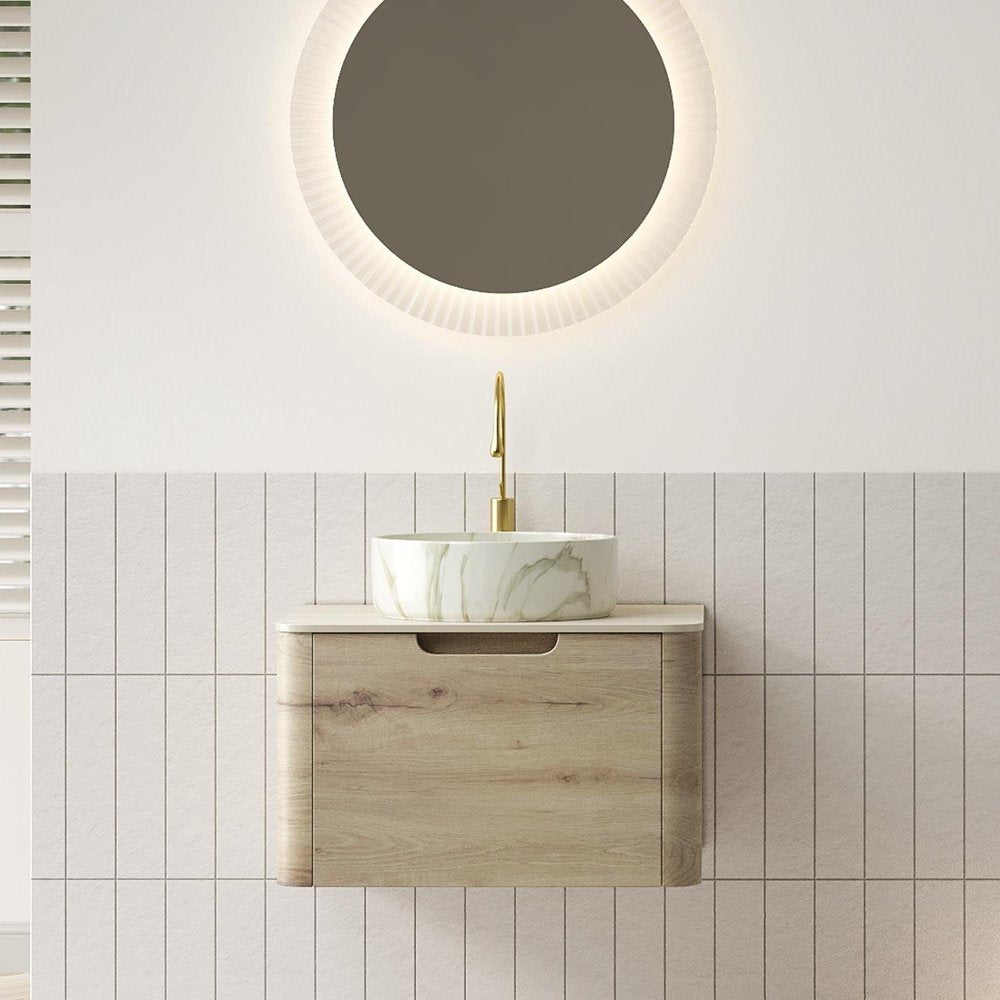 24" Brown Wood Floating Bathroom Vanity With White Sink