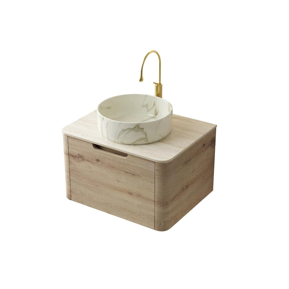 24" Brown Wood Floating Bathroom Vanity With White Sink