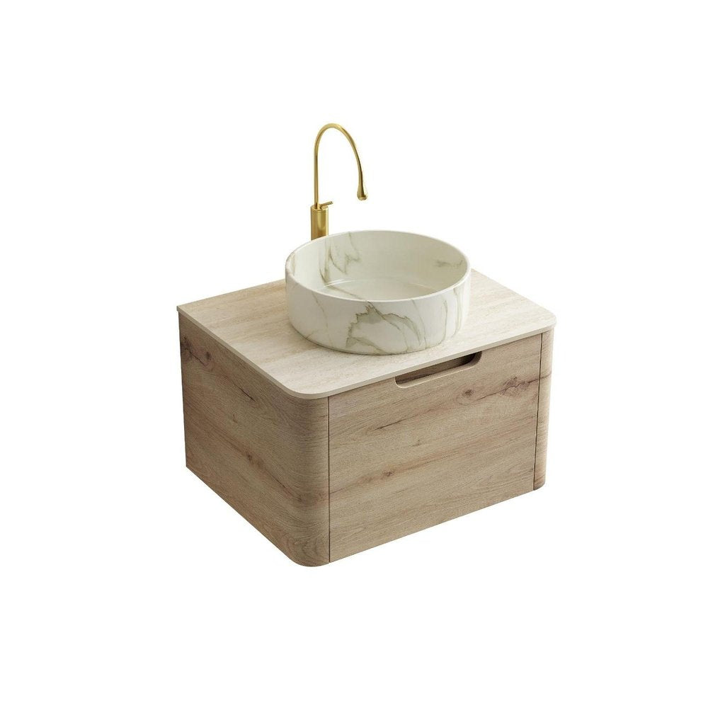 24" Brown Wood Floating Bathroom Vanity With White Sink