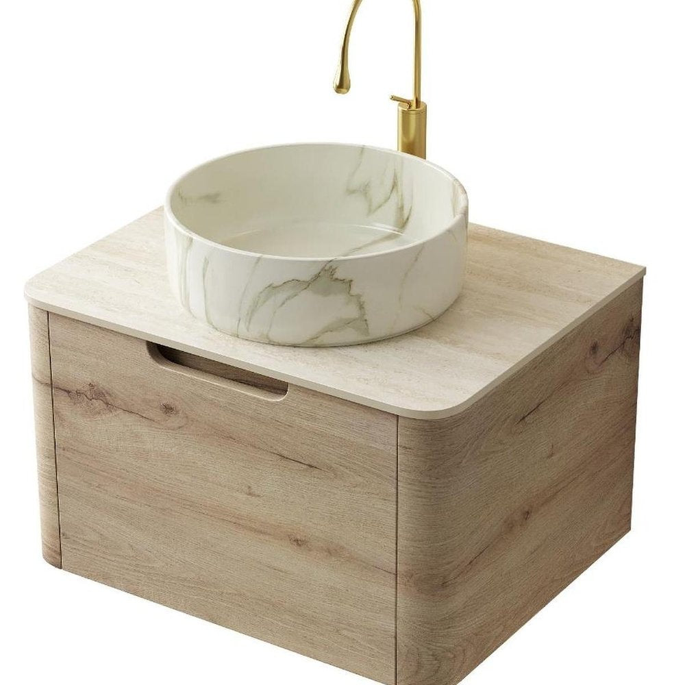 24" Brown Wood Floating Bathroom Vanity With White Sink
